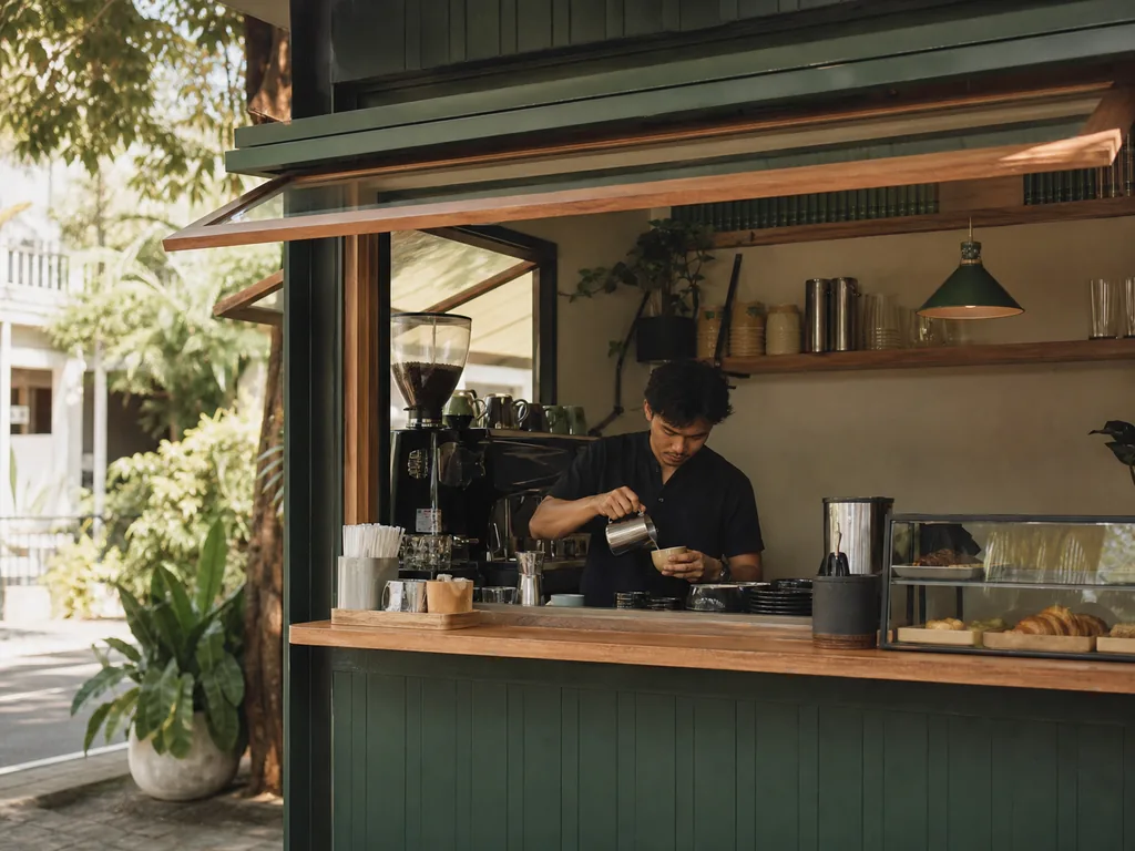 Barista phục vụ tại quầy cà phê kiosk